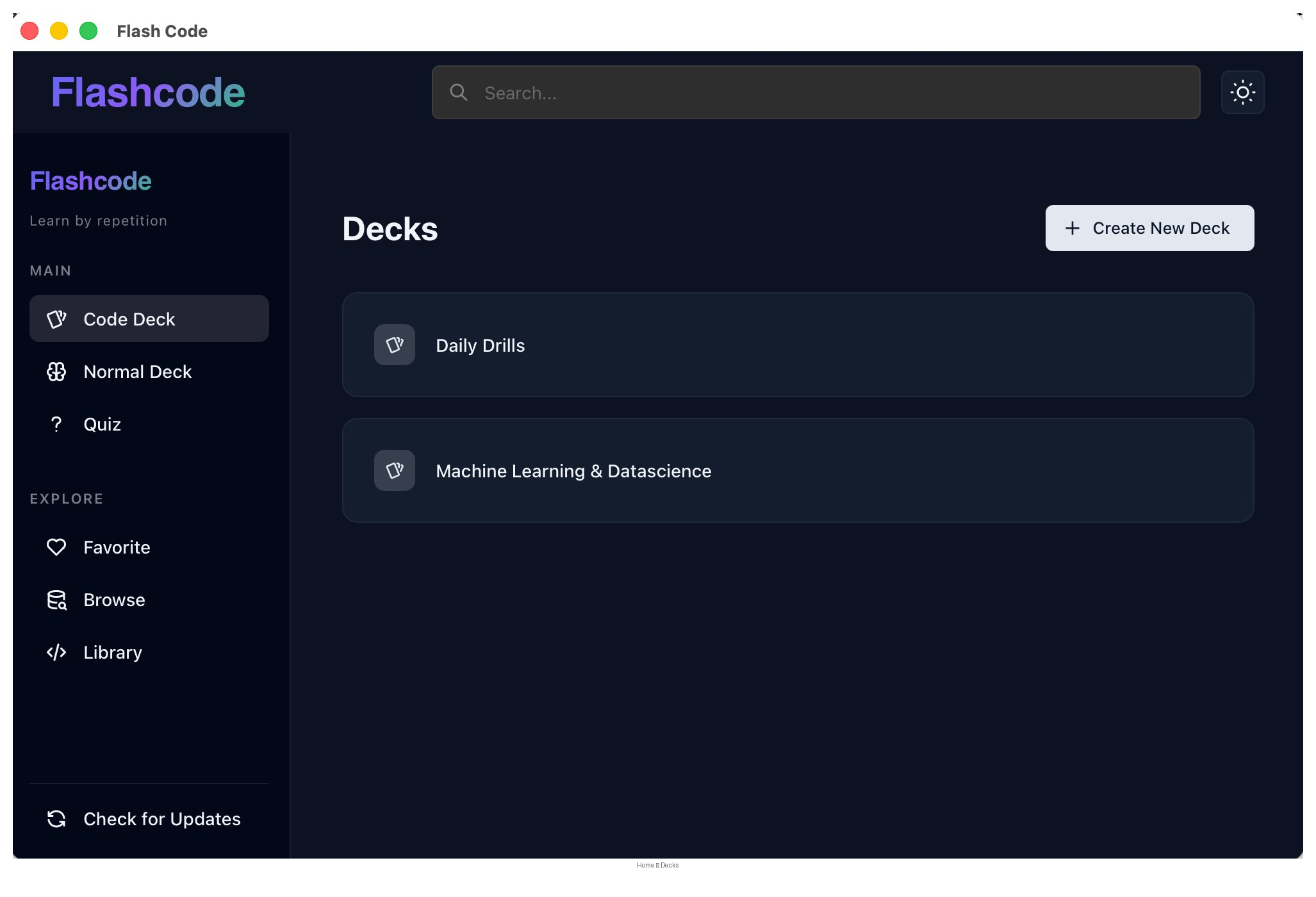 Flashcode — Anki, but built for people who write code — main view